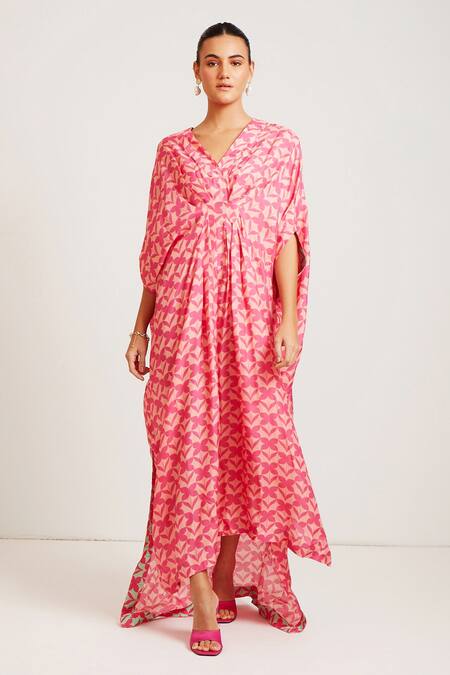 Buy Sorbae Pink Silk Printed Floral V Neck Kaftan Gown at Aza Fashions Buy_Sorbae_Pink Silk Printed Floral V Neck Kaftan Gown_at_Aza_Fashions