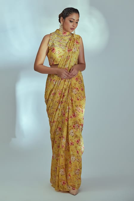 Suruchi Parakh Pre-Pleated Floral Print Saree With Blouse 