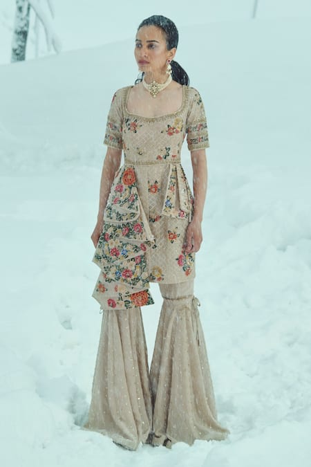 Sahil Kochhar Beige Organza And Silk Crepe Embroidered Ghazala Kurta Sharara Set  