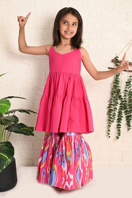THE COTTON STAPLE Pink Cotton Pom-poms, Tassels Rosette Tiered Kurta With Sharara 