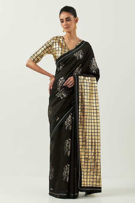 Label Earthen Blue Chanderi Silk Printed Checkered V Sonpapri Saree With Blouse 