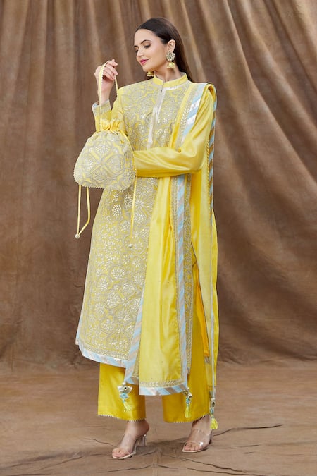 Buy Aiman Yellow Chanderi Cut Work, Tassels, Embroidery Mandarin Gota Kurta Palazzo Set at Aza Fashions Buy_Aiman_Yellow Chanderi Cut Work, Tassels, Embroidery Mandarin Gota Kurta Palazzo Set_at_Aza_Fashions
