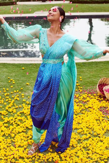 Shop GG By Asha Gautam Green Satin Georgette Floral Pattern Bandhani Work Dhoti Pant Saree With Blouse at Aza Fashions Shop_GG By Asha Gautam_Green Satin Georgette Floral Pattern Bandhani Work Dhoti Pant Saree With Blouse_at_Aza_Fashions