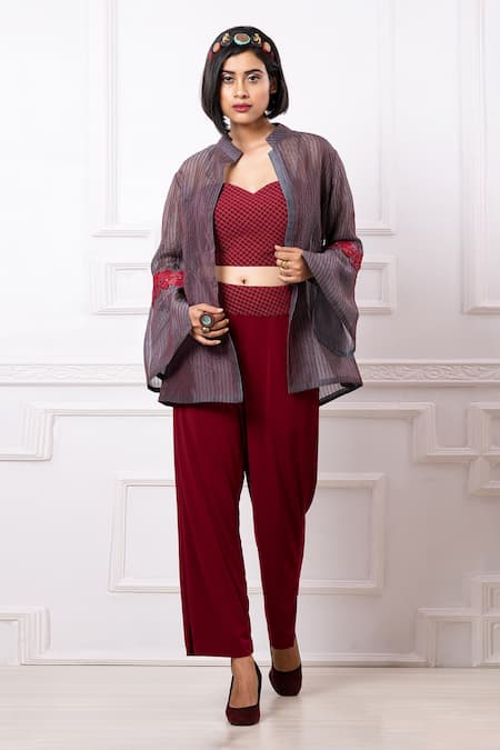 Megha Garg Maroon Lycr Organza Stripe Sequin Jacket Mandarin Collar Pattern Pant Set 