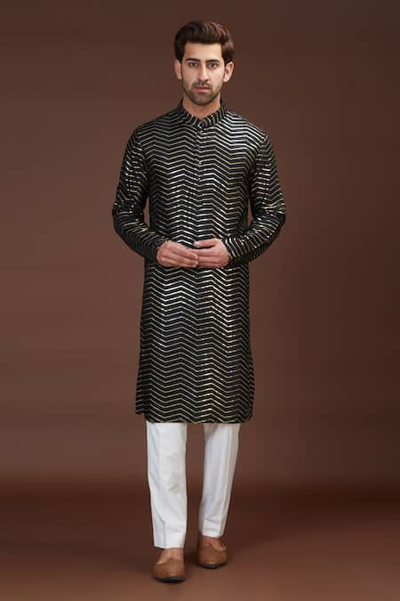 Kasbah Silk Chevron Chikankari Kurta Set 