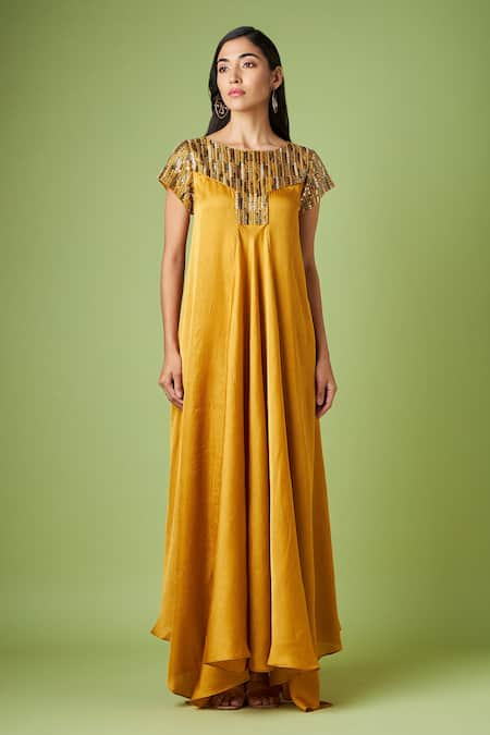 Aakaar Yellow Matka Silk Embellished Sequin Boat Neck Yoke Maxi Dress 