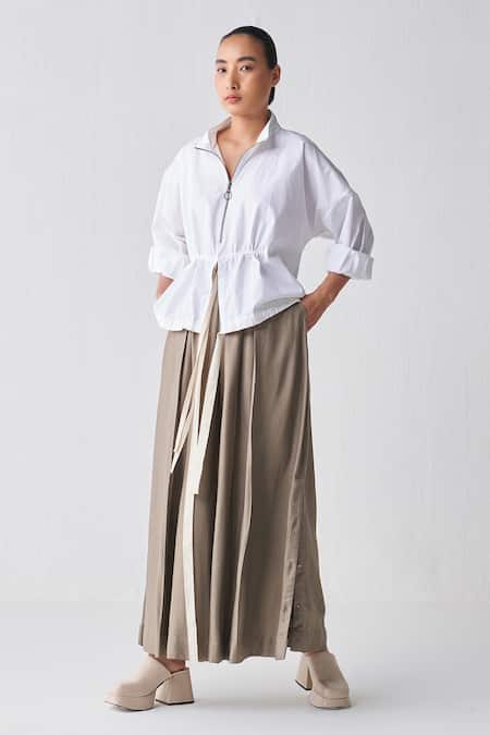 Three White Poplin Open Neck Flowy Zip Up Top 
