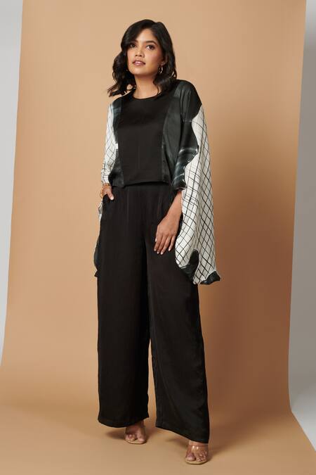 Buy Vedika M Black Satin Abstract Round Drapedtop And Pant Set at Aza Fashions Buy_Vedika M_Black Satin Abstract Round Drapedtop And Pant Set_at_Aza_Fashions