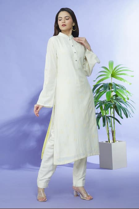 Shruti Sancheti Ivory Cotton Printed Floral Mandarin Collar And Striped Kurta  