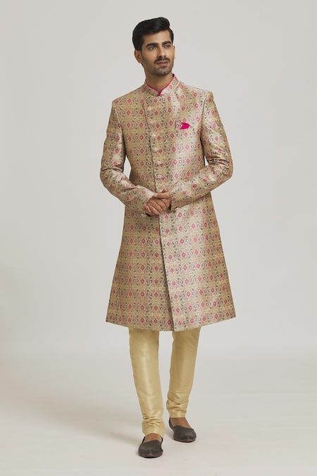 Samyukta Singhania Cream Sherwani Art Silk Printed Floral Garden With Churidar 