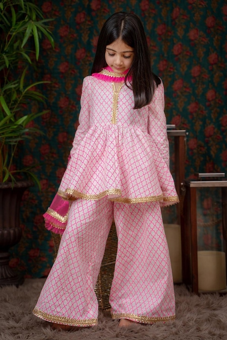 The Pony & Peony CO. Pink Cotton Fringe, Gota Patti Mughal Printed Peplum And Sharara Set 