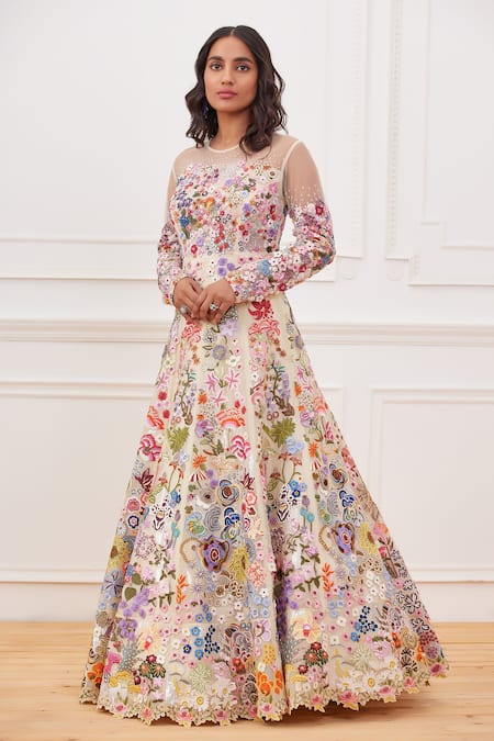 Rahul Mishra Yellow Shell- Silk Embroidered Floral Round Heimat Hand Gown 