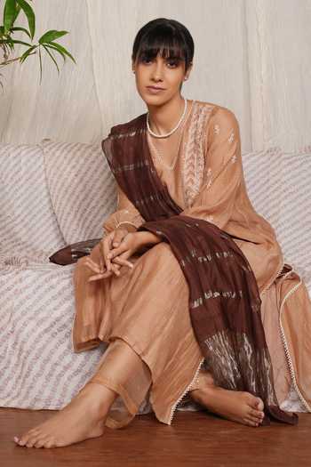 Buy_Pants And Pajamas_Beige Cotton, Silk V-neck Crayon Kurta And Pant - Set Of 2 _Online_at_Aza_Fashions