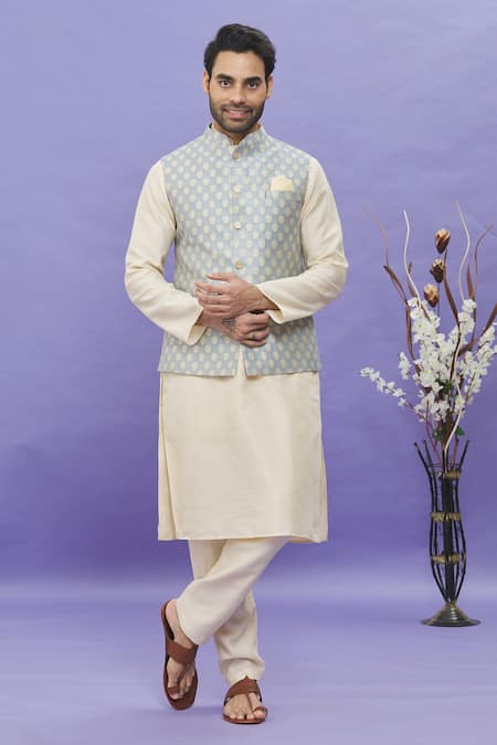 Aryavir Malhotra Grey Bundi Jacquard Banarasi Silk Floral Pattern Sleeveless And Kurta Set