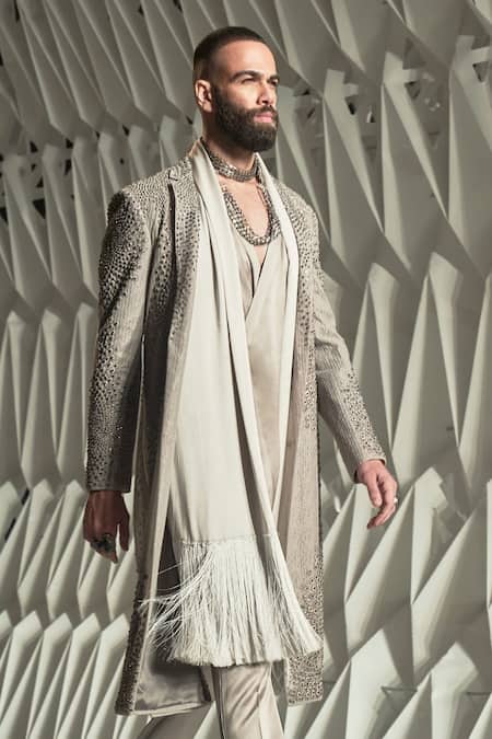 Buy Rohit Gandhi + Rahul Khanna Grey Tulle Embroidery Cosmati Long Jacket at Aza Fashions Buy_Rohit Gandhi + Rahul Khanna_Grey Tulle Embroidery Cosmati Long Jacket _at_Aza_Fashions