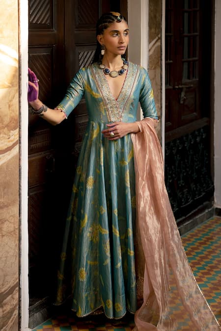 Buy Navy Blue Silk Anarkali Suit with Dori Work Online - LSTV04155 | Andaaz  Fashion
