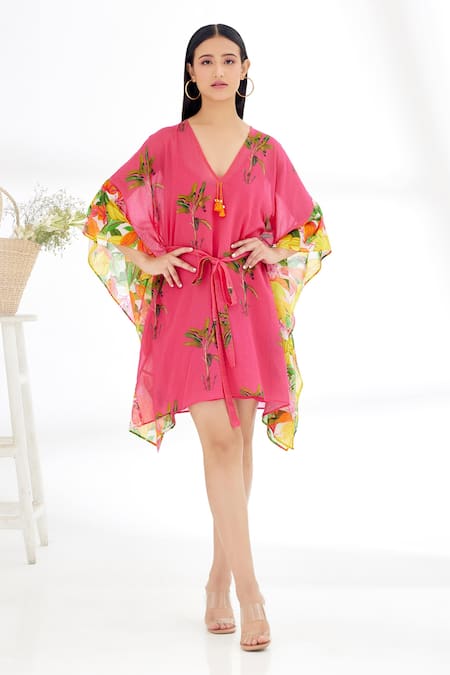 Nikasha Fuchsia 100% Cotton Painted Print And Embroidered Banana Fruit Kaftan 