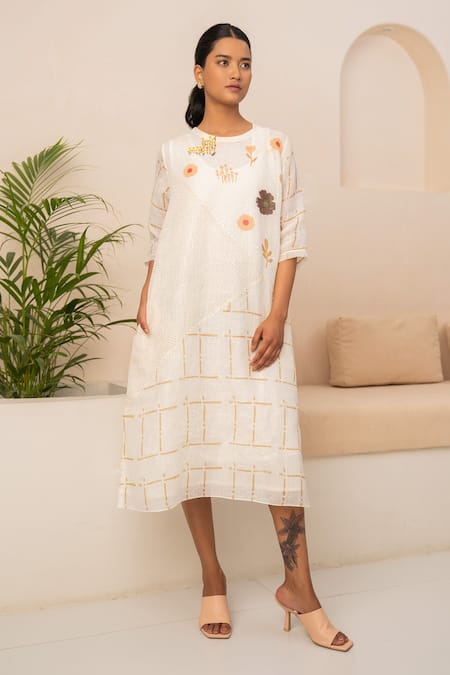 Arcvsh By Pallavi Singh Ivory Linen Embroidery Round Neck Flower And Geometric Print Dress 
