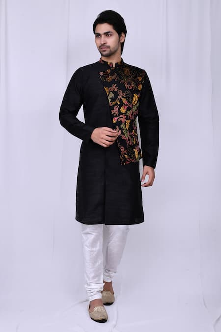 Arihant Rai Sinha Black Art Silk Floral Pattern Overlapped Kurta Set