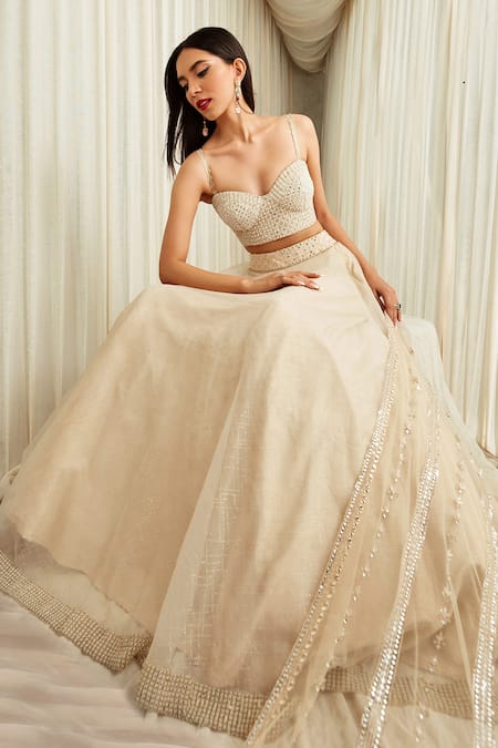 Sawan Gandhi Beige Organza Pearl Work Lehenga And Corset Blouse Set