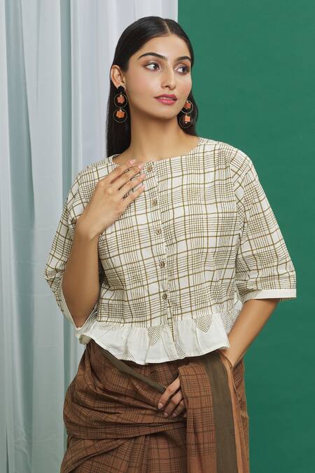 Banana Labs Brown Cotton Print Check Round Neck Pattern Ruffle Trim Crop Top