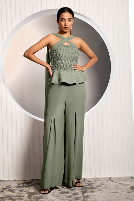 Jade By Ashima Green Georgette Embroidery Beads Bodice Draped Peplum Top And Flared Pant Set 