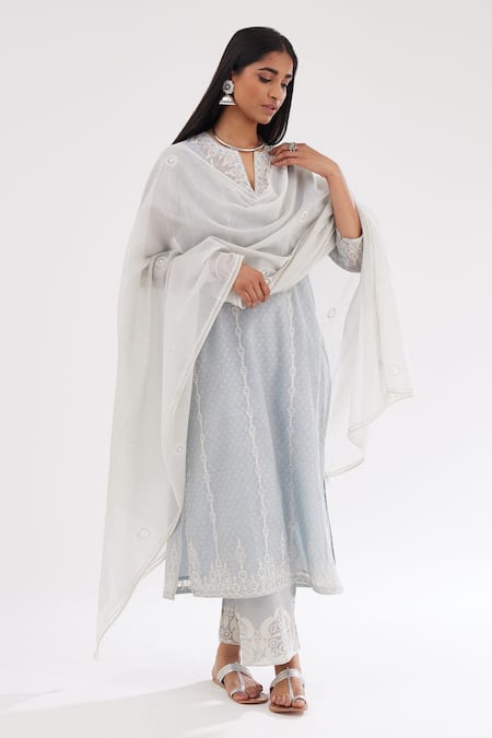 Kora Blue Cotton, Chanderi Sequins, Embroidery Hand Block Print Straight Kurta Set 