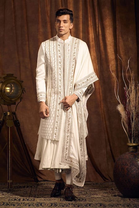 More Mischief Floral Stripe Pattern Embroidered Sherwani Set 