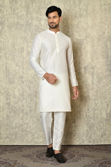Samyukta Singhania White Cotton Silk Plain Full Sleeve Kurta And Pant Set