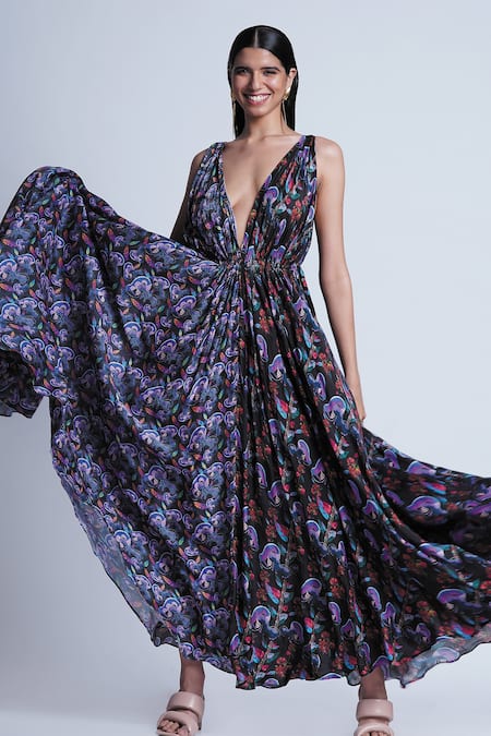 Ekastories Black Cotton Plunge Neck Caerulea Passiflora V Printed Dress 