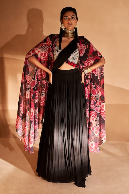 Bhumika Sharma Bahaar Printed Cape With Pleated Palazzo Saree Set 