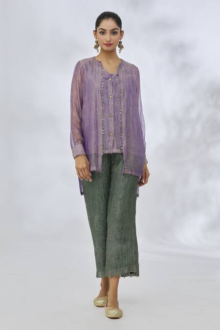 Itrh Purple Silk, Cotton Embroidery V-neck High Low Placement Coin Embellished Top 