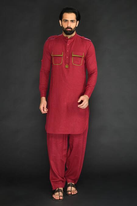 Buy Sammohan Ceremonial Maroon Linen Viscose Patch Work Band Collar Pathani And Patiala Set at Aza Fashions Buy_Sammohan Ceremonial_Maroon Linen Viscose Patch Work Band Collar Pathani And Patiala Set_at_Aza_Fashions