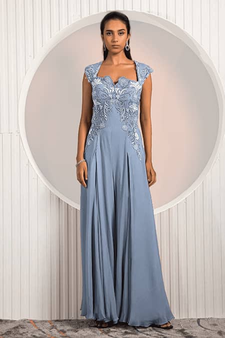 Jade By Ashima Blue Georgette Embroidery Square Neck Nettle Bodice Jumpsuit 