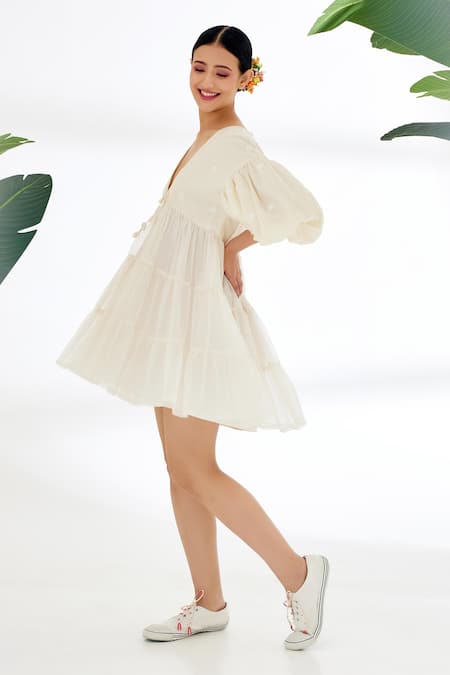Nikasha Cream Handwoven Jamdani Cotton Deep V Neck Tiered Dress Online at Aza Fashions Nikasha_Cream Handwoven Jamdani Cotton Deep V Neck Tiered Dress _Online_at_Aza_Fashions