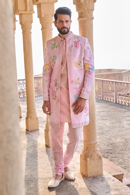 LASHKARAA Pink Velvet Printed Floral Bead Embroidered Sherwani Set 