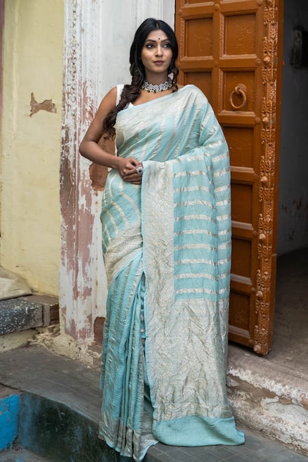 Womens Silk Blend Woven Design Handloom Sky Blue Saree