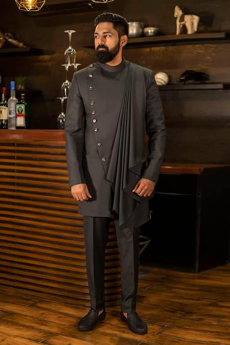 Decemberbyvivek Black Terriwool Pleated Drape Attached Bandhgala Jacket And Pant Set  