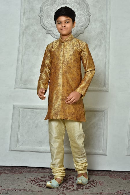 Petite Pomme Brown Silk Embroidery Flora Kurta And Churidar Set 