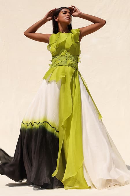 Richa Khemka Green Organza Cut And Applique Bird Grove Ruffle Overlay & Skirt Set