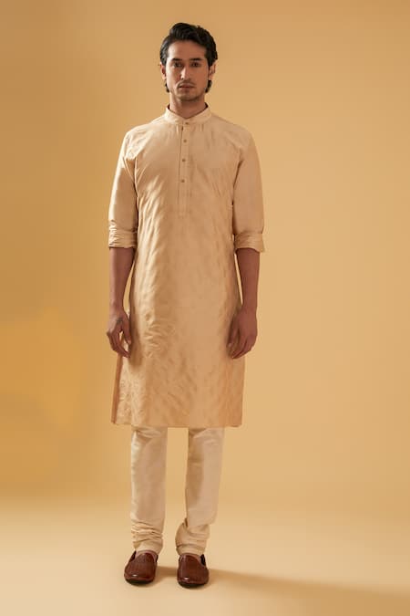 Shop_Raghavendra Rathore Blue_Beige Raw Silk Embroidery Thread Checkered Pattern Kurta _at_Aza_Fashions