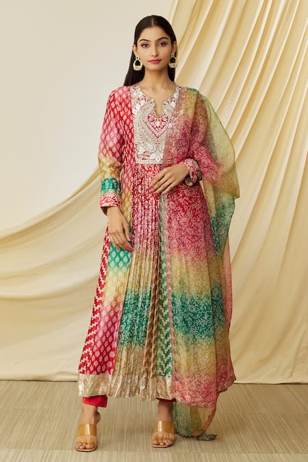 Prisha Multi Color Silk Printed And Hand Embroidered Floral Anarkali Set 