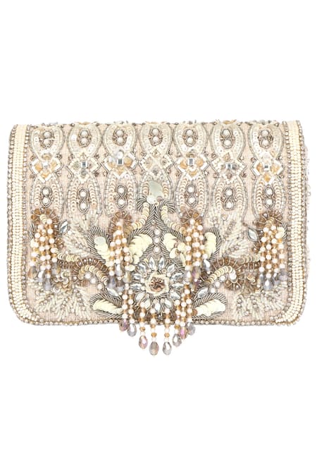 Fuchsia Gold Embroidery, Sequins Sunrise Silk Clutch 