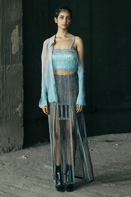 Akhl Blue Viscose Collared Spectrum Chiffon Blouse Shirt 