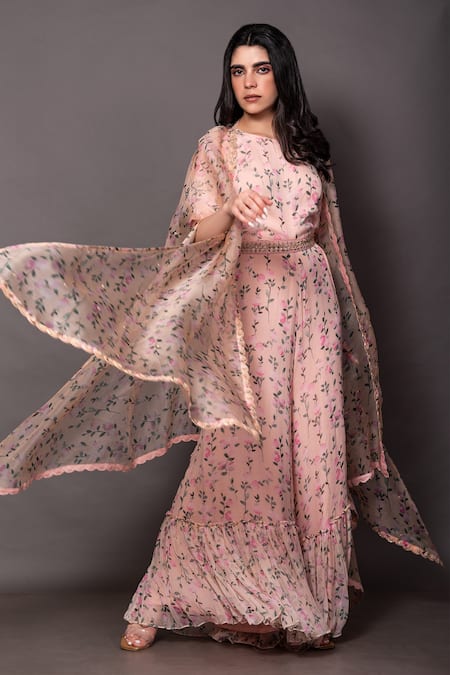 Vara by Vibha n Priti Floral Print Jumpsuit & Cape Set 