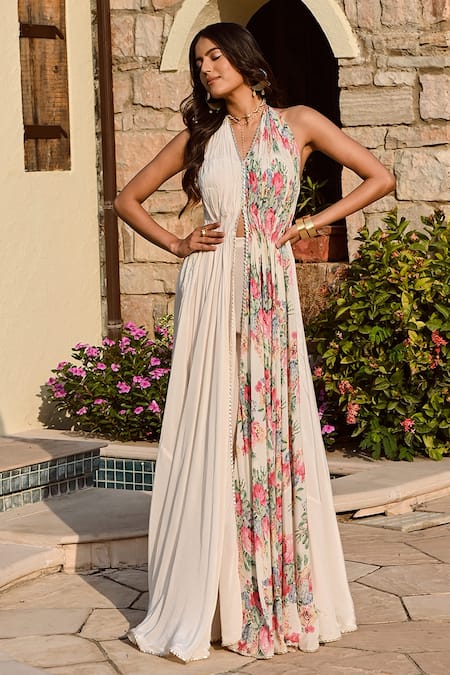 Palak & Mehak Multi Color Crepe, Cotton Embroidery Halter Floral Print Anarakali With Pant 