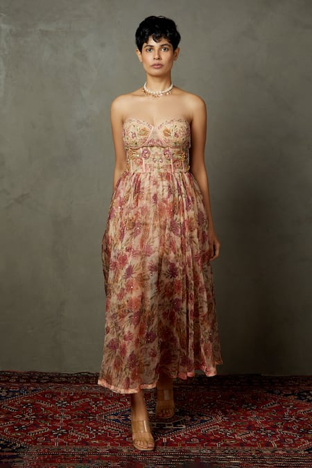 RI.Ritu Kumar Magnolia Flared Embroidered Bandeau Dress 