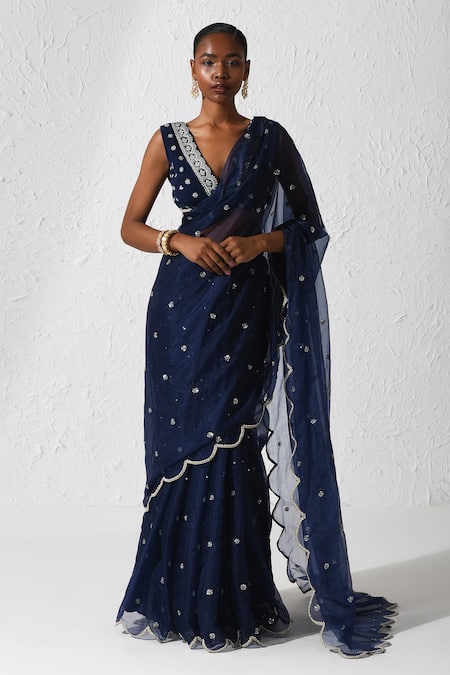 Royal Blue Saree with silver designer blouse - DRAPEMODA