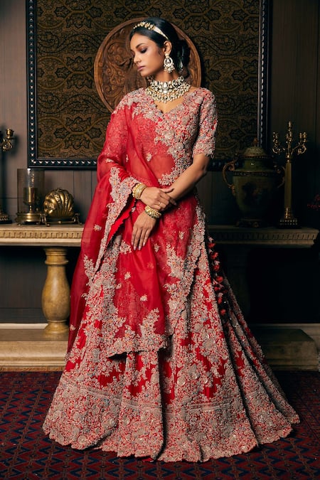 Prisho Red Lehenga And Blouse Silk Embroidered Floral V Neck Bridal  