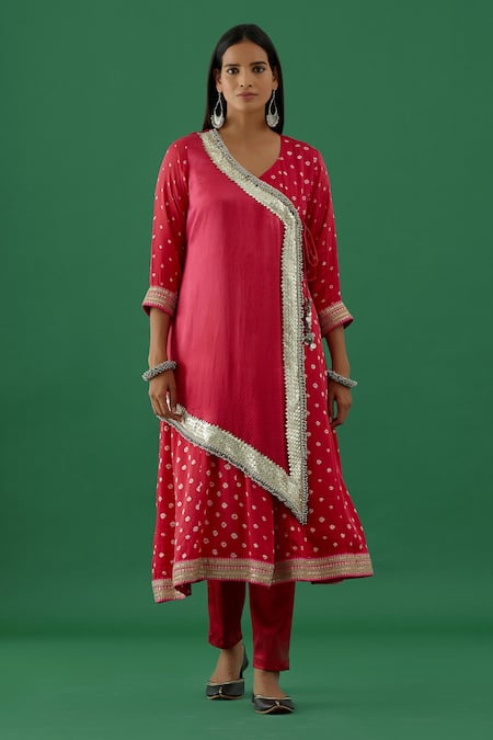 5elements Pink Modal Satin Woven Bandhani V Neck Pattern Anarkali Set With Pant 